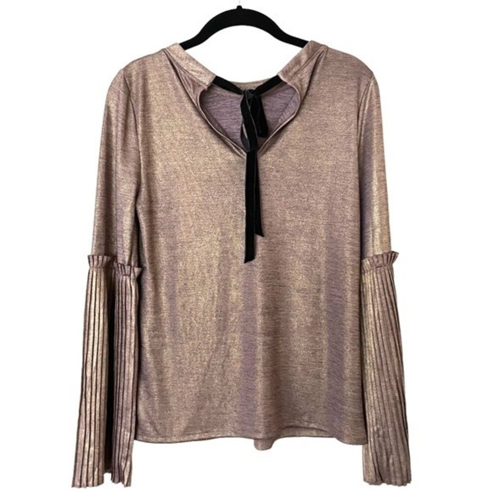 Soul Sanctuary metallic top with pleated bell sleeves keyhole back Size M